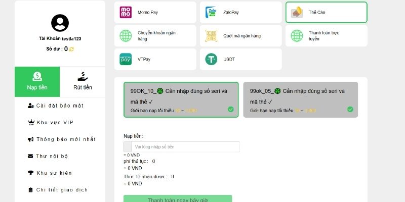 Hình thức nạp tiền bằng thẻ cào nhanh chóng