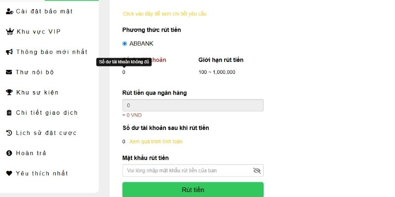 Điền chính xác số tiền muốn rút về tài khoản